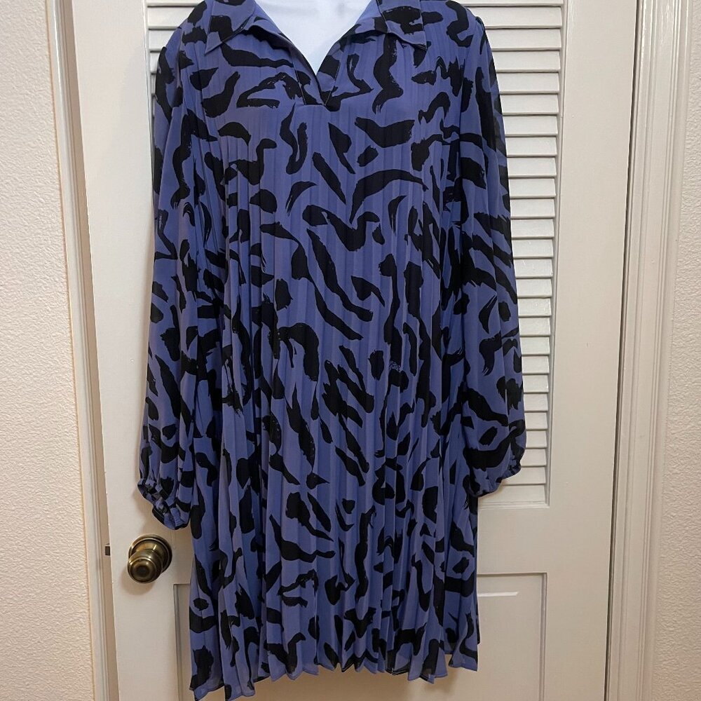 Nine West Abstract Pleated Blue Dress XL NWOT